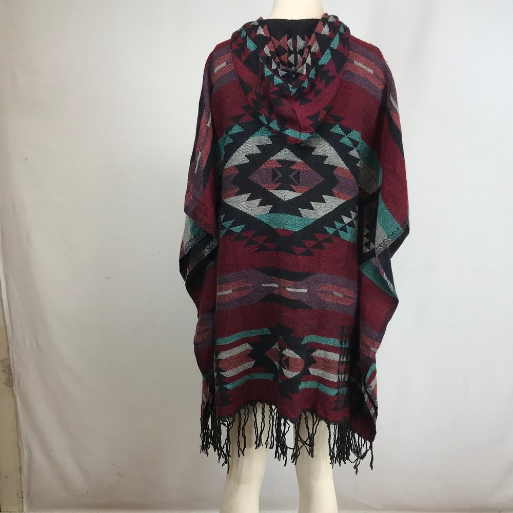 Women's Hooded Zip Poncho - Burgundy Aztec - Picture 5 of 8